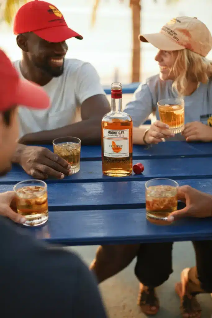 Friends in Mount Gay Red Caps sharing Mount Gay Eclipse over ice at a seaside table.